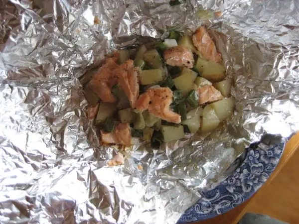 Grilled salmon and potato dumplings