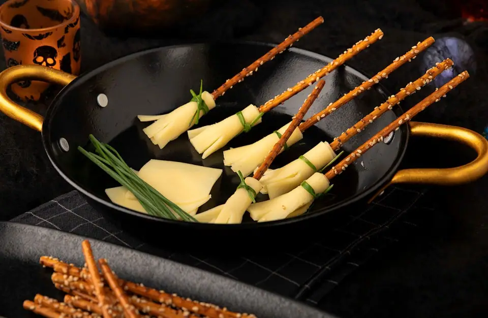 Halloween Cheesy Pretzel Broomsticks