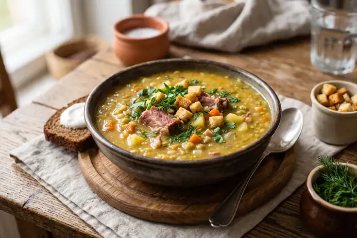Pea soup with smoked meats: how to make a thick and rich broth without soaking