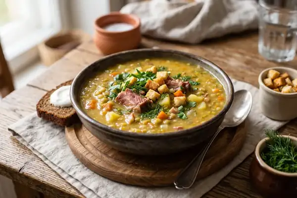 Sopa de guisantes con carnes ahumadas: cómo preparar un caldo espeso y sabroso sin remojar